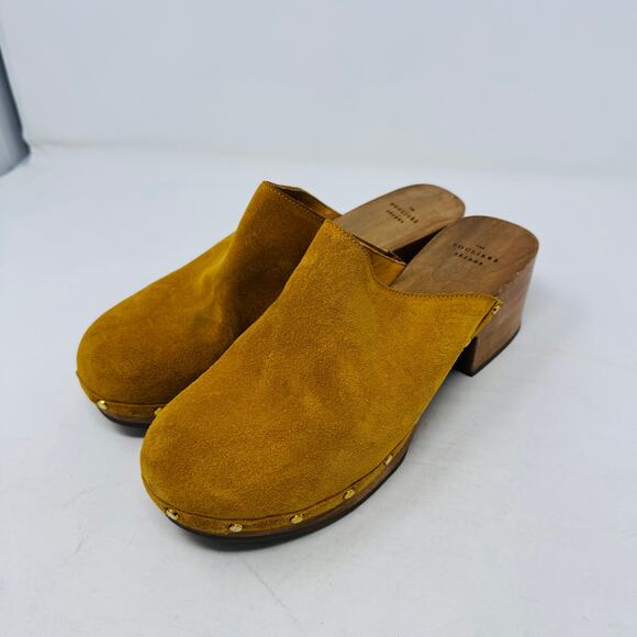 Sézane Tibby Clogs Women’s Size 40 Mustard Suede Wooden Block Heel Mules - Picture 1 of 14